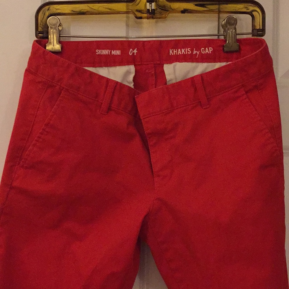 Red cotton khakis slim leg slit pockets